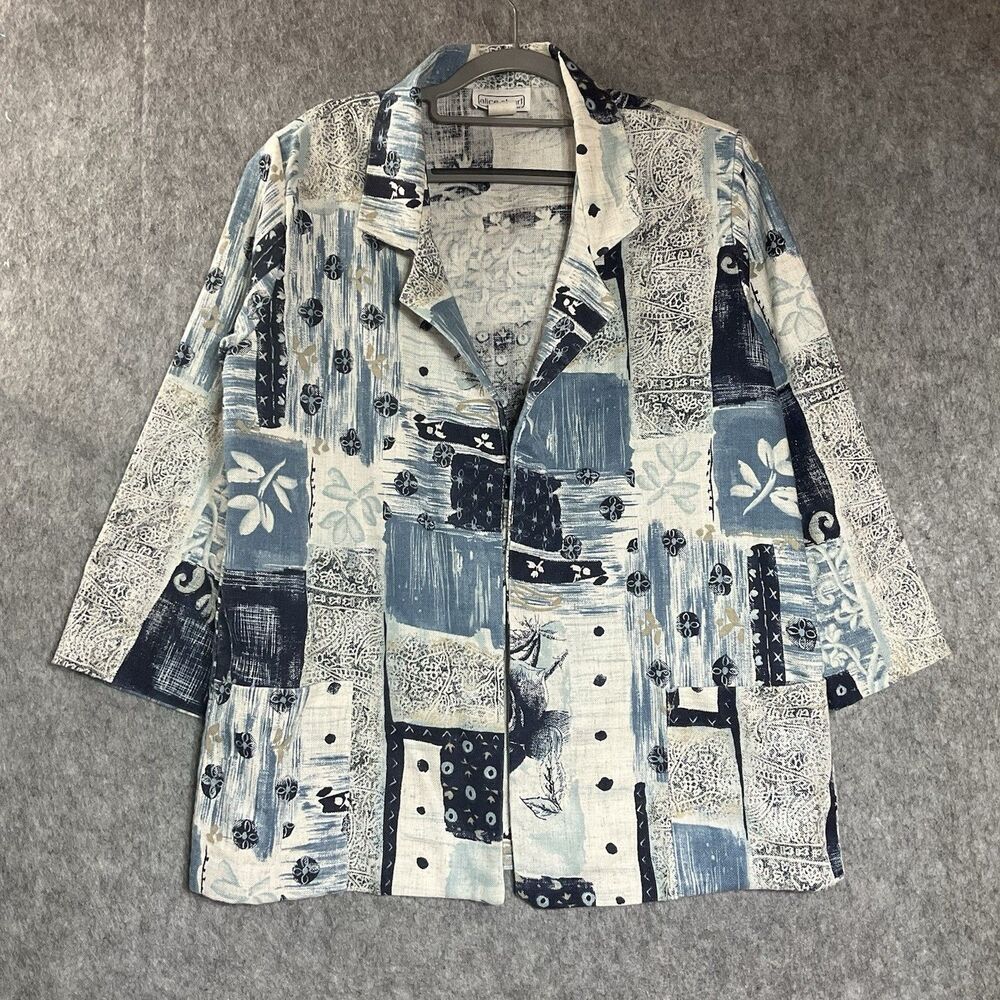Vintage Blazer Jacket Womens Medium Geometric Open Front Pockets Retro 90s